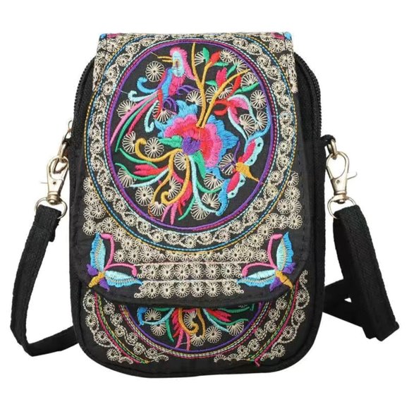 Handbags - Bohemian Embroidered Crossbody Bag Black Multi Small Canvas Zippers Shoulder Bag